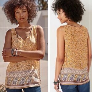 J. Jill Canyon Border Woodcut Yellow And Purple Paisley Tunic Top Print Size XS